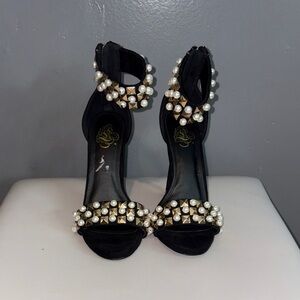Pearl Studded Black Stiletto Heels | Glam Night-Out Ankle Strap | Size 6